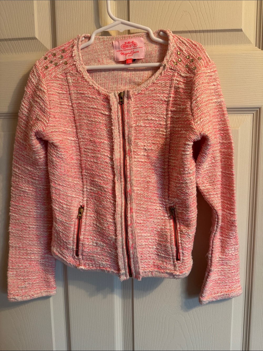 Mayoral Pink Tweed Zip-Front Girls Jacket with Stud Detail
